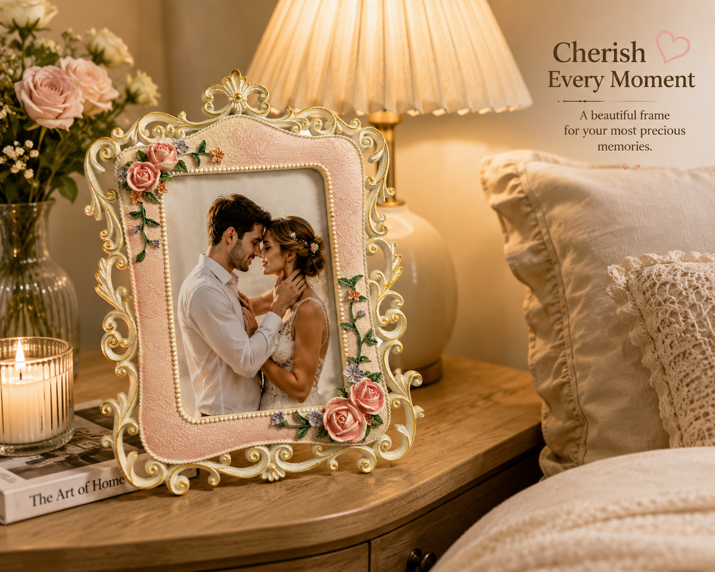 Vintage Floral Photo Frame | Ornate Rose & Pearl Picture Frame | 4×6 & 5×7 | Ivory, Rose Gold & White Gold