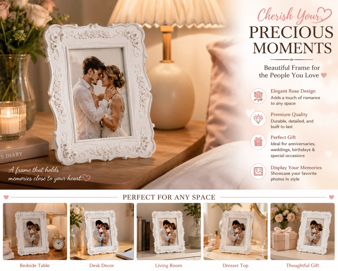Vintage Floral Photo Frame | Ornate Rose & Pearl Picture Frame | 4×6 & 5×7 | Ivory, Rose Gold & White Gold