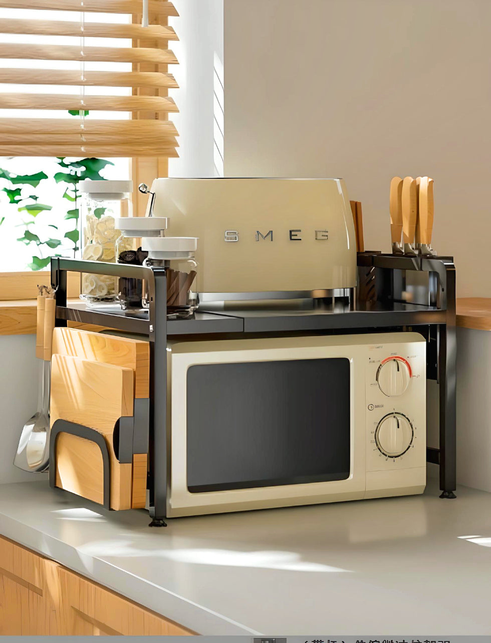 Extendable Steel Kitchen Benchtop Microwave Rack - White & Black.