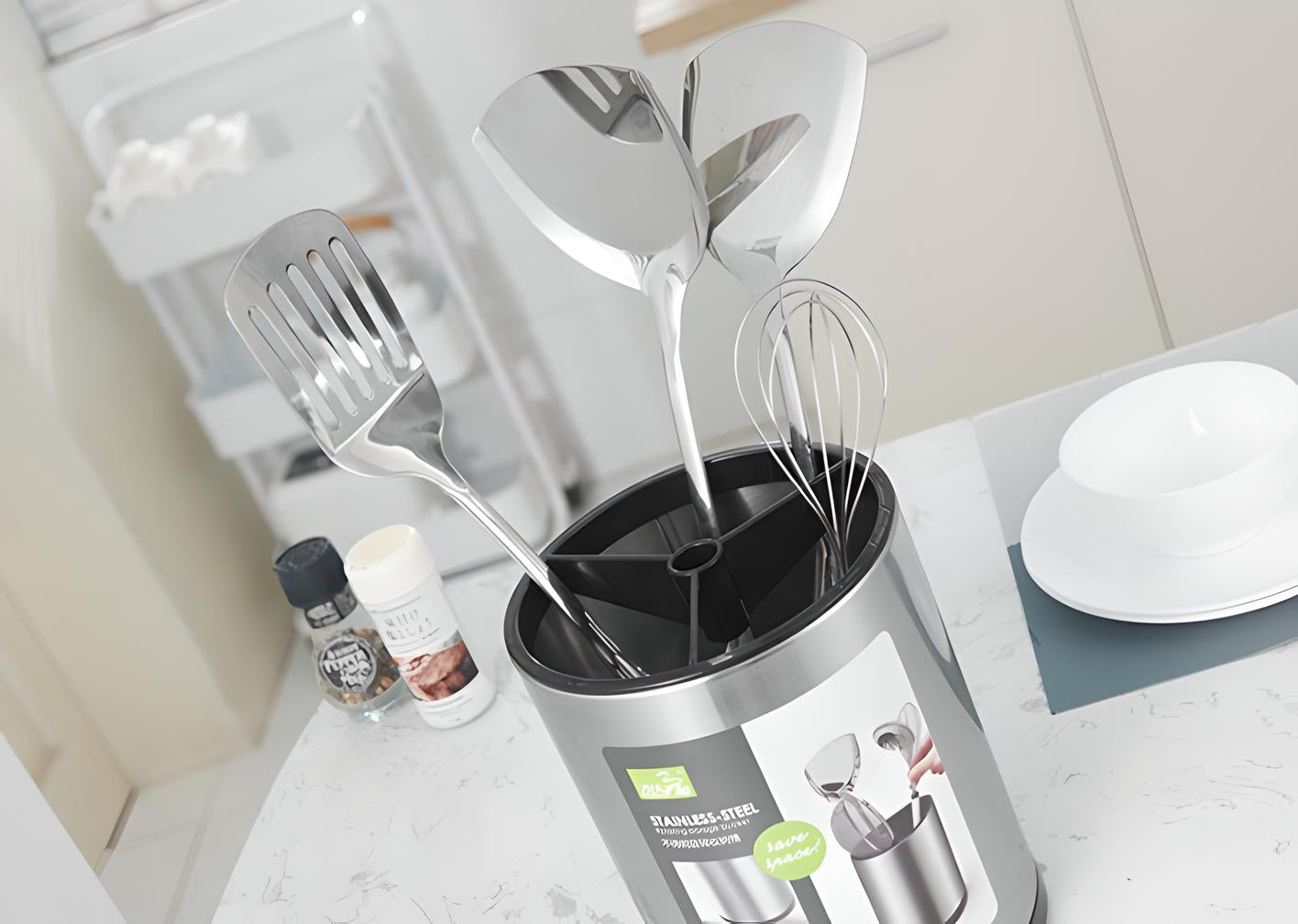 Rotating Stainless Steel Utensil Holder – 360° Spinning Kitchen Organizer