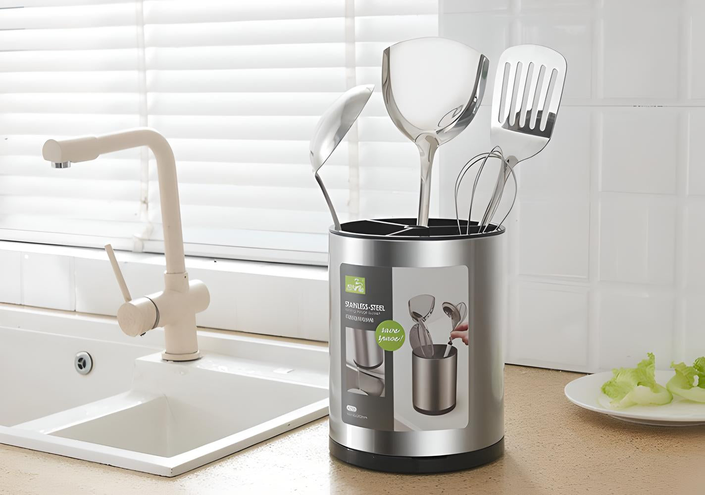 Rotating Stainless Steel Utensil Holder – 360° Spinning Kitchen Organizer