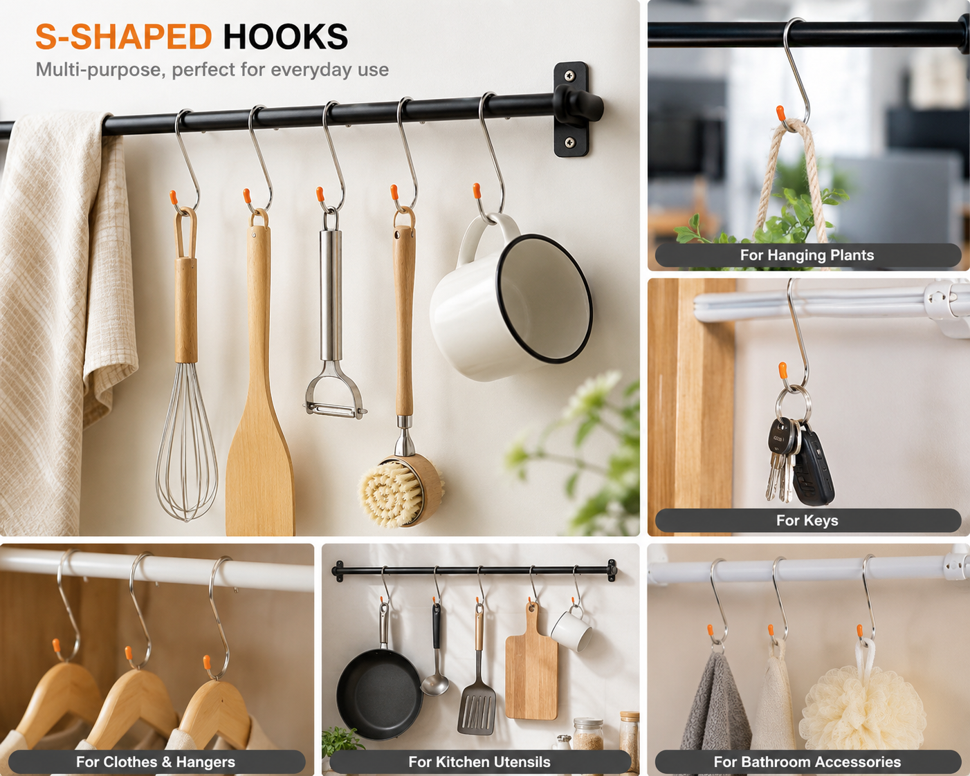 Stainless Steel S-Hooks Pack of 5 | Multipurpose Hanging Hooks with Safety Tips | Kitchen & Home