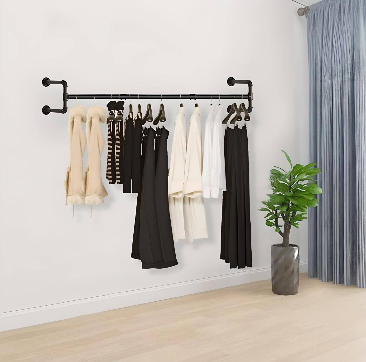 Black Iron Wall Mounted Hanging Clothes Rail SpaceSaving J&J Home