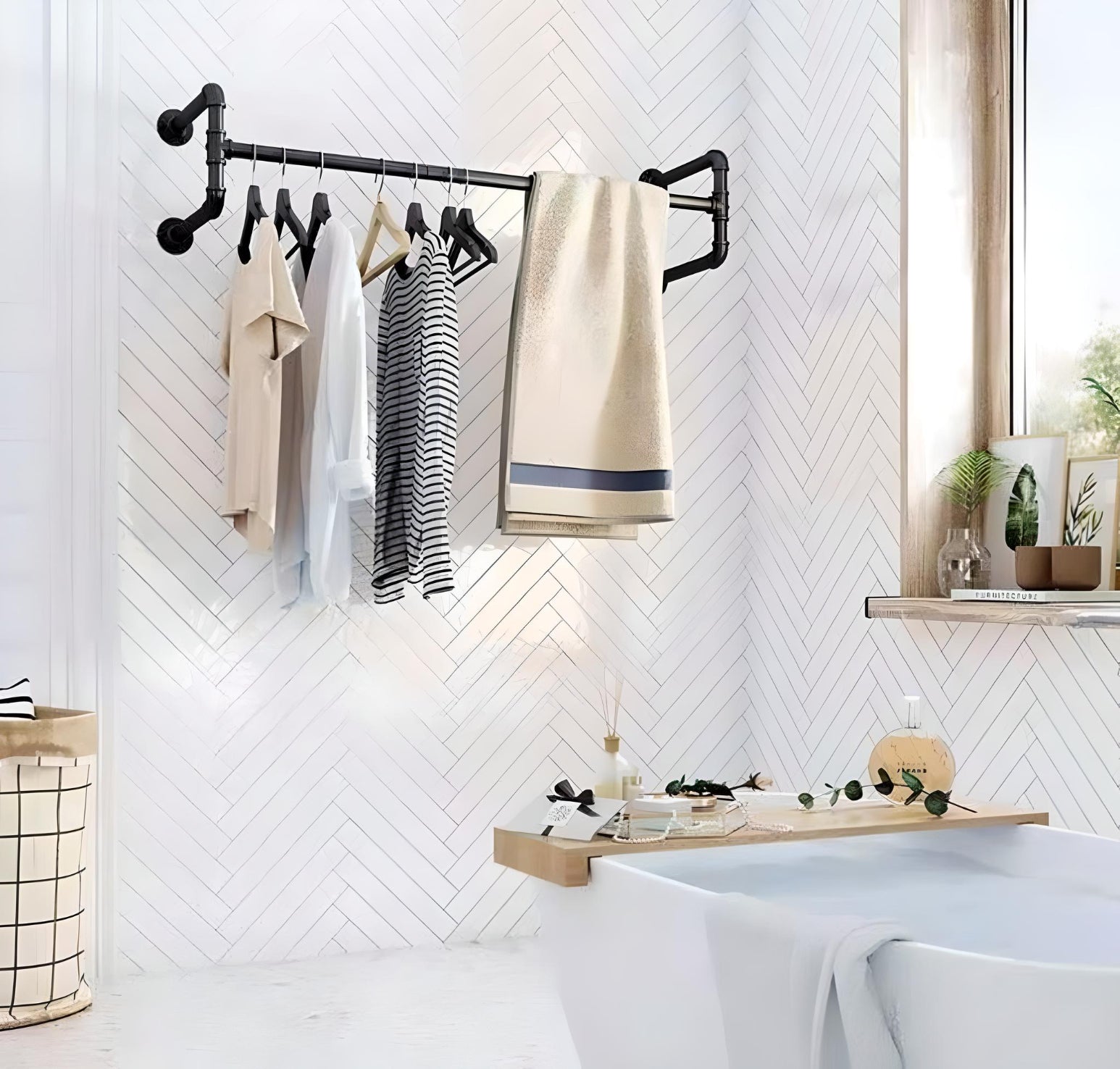 Black Iron Wall Mounted Hanging Clothes Rail.