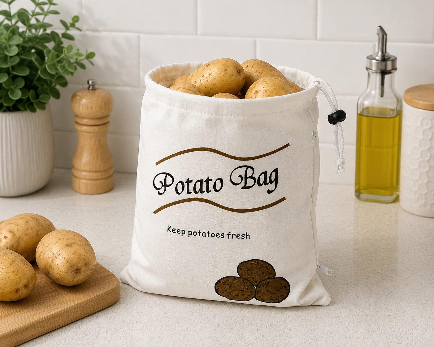 Cotton Potato Storage Bag | Reusable Drawstring Vegetable Sack | Keeps Produce Fresh | Natural