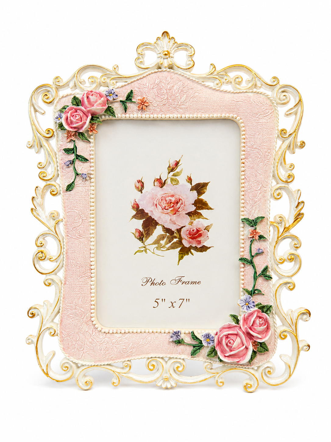 Vintage Floral Photo Frame | Ornate Rose & Pearl Picture Frame | 4×6 & 5×7 | Ivory, Rose Gold & White Gold