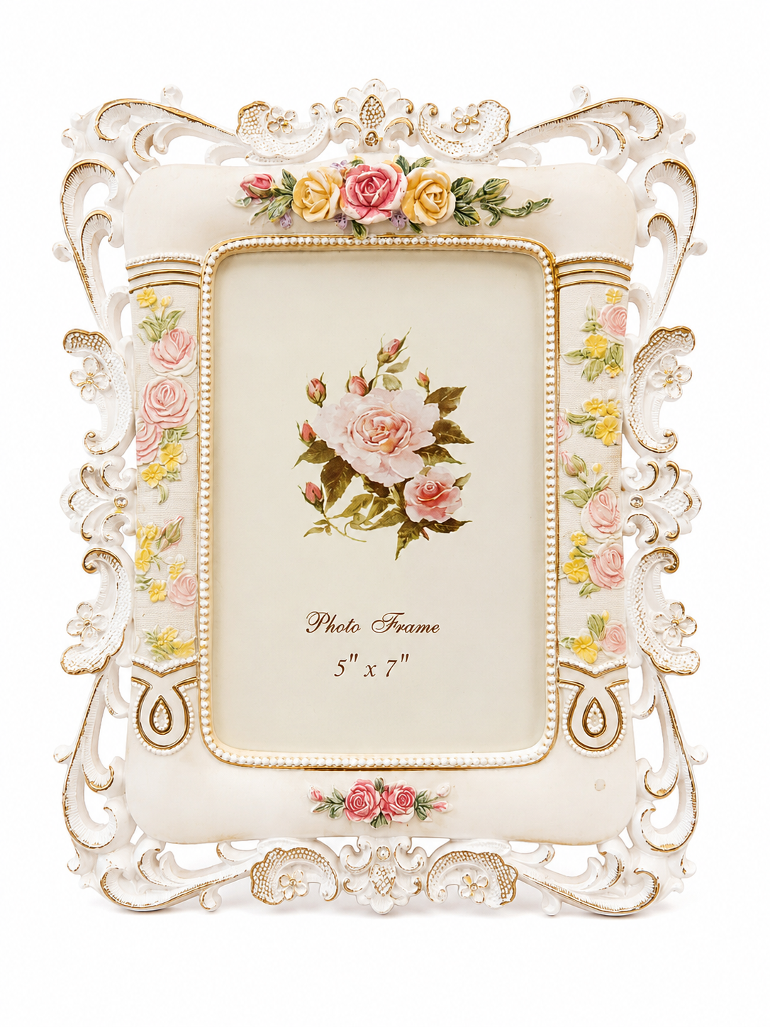 Vintage Floral Photo Frame | Ornate Rose & Pearl Picture Frame | 4×6 & 5×7 | Ivory, Rose Gold & White Gold