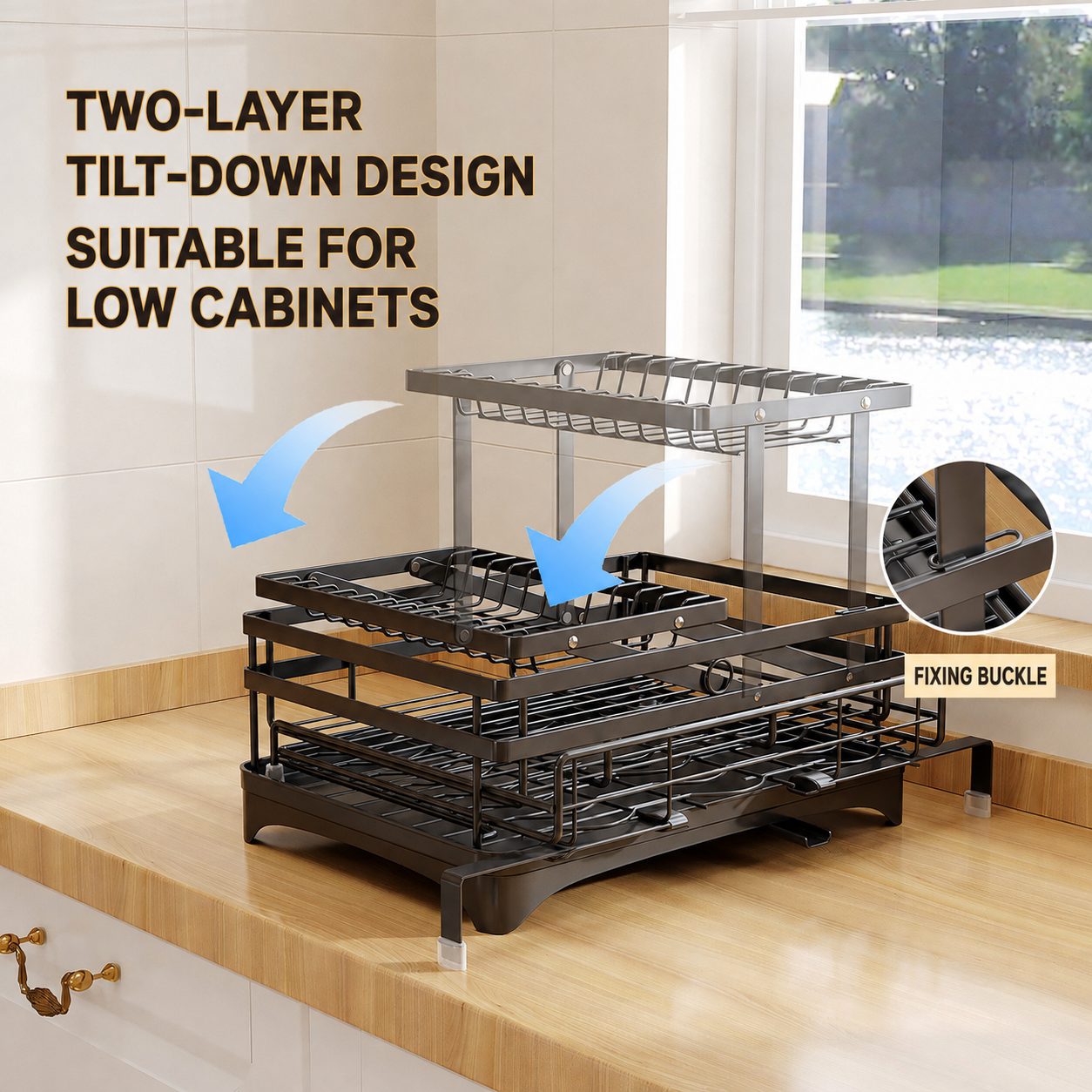 2-Tier Dish Drying Rack |  Kitchen Sink Organiser with Drainboard | Black Carbon Steel