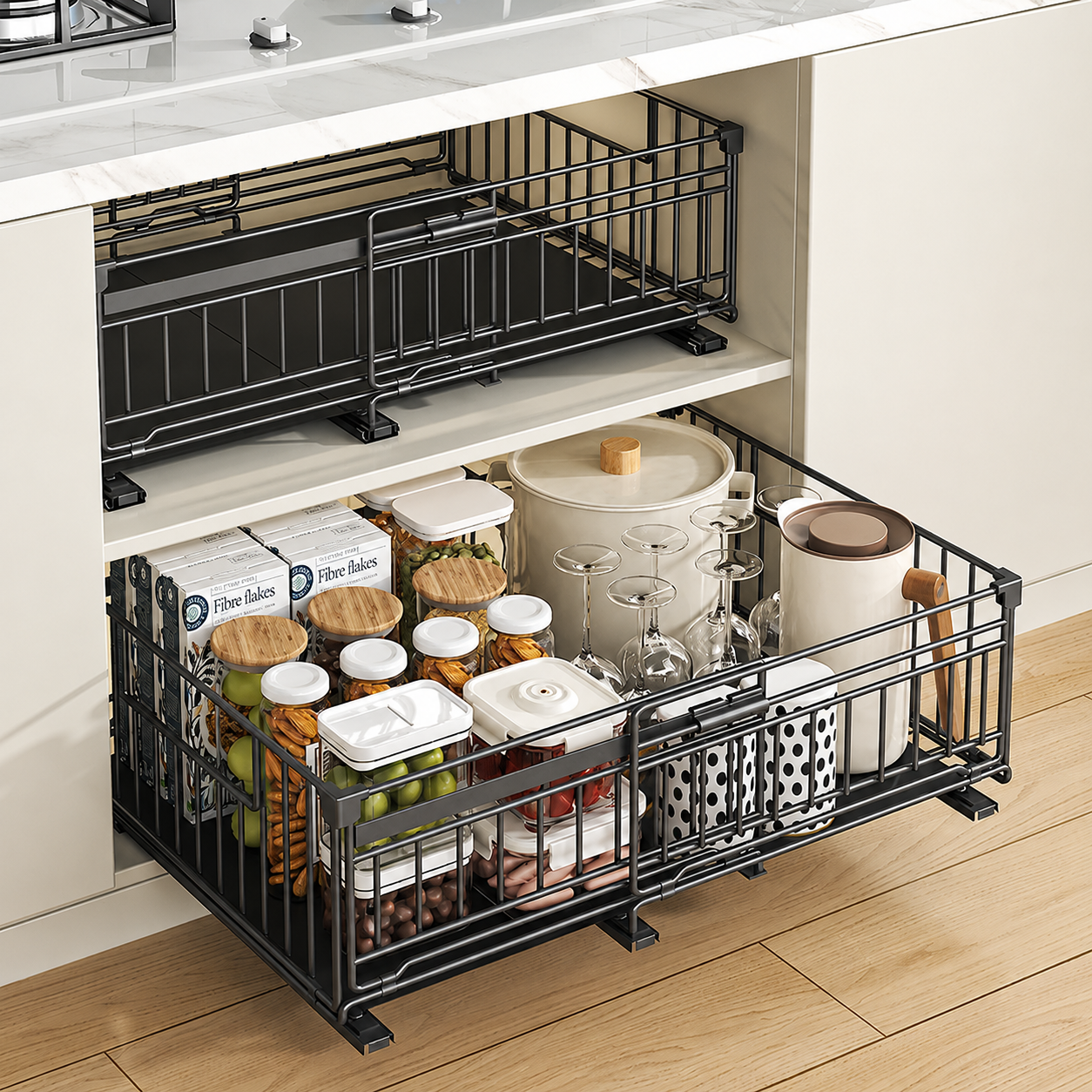 Pull-Out Cabinet Drawer Basket | Sliding Under-Cabinet Storage Organiser | Extendable | Black.