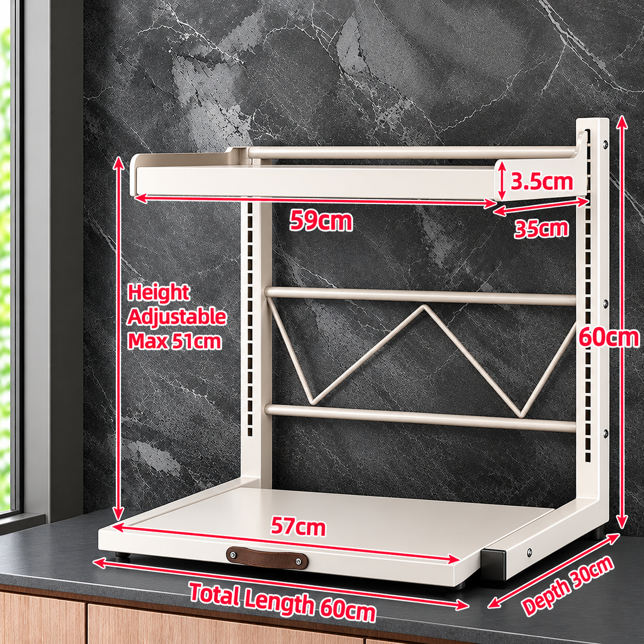 2-Tier Countertop Appliance Storage Rack | Adjustable Sliding Shelf | Microwave & Air Fryer Stand | Beige.