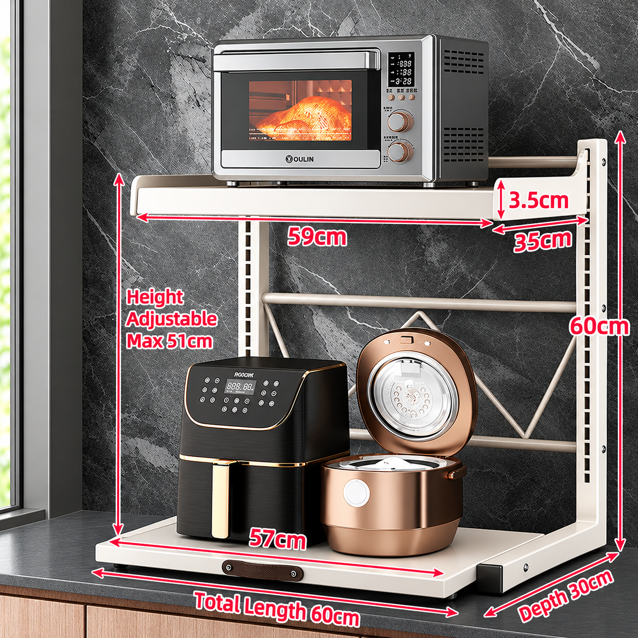 2-Tier Countertop Appliance Storage Rack | Adjustable Sliding Shelf | Microwave & Air Fryer Stand | Beige.
