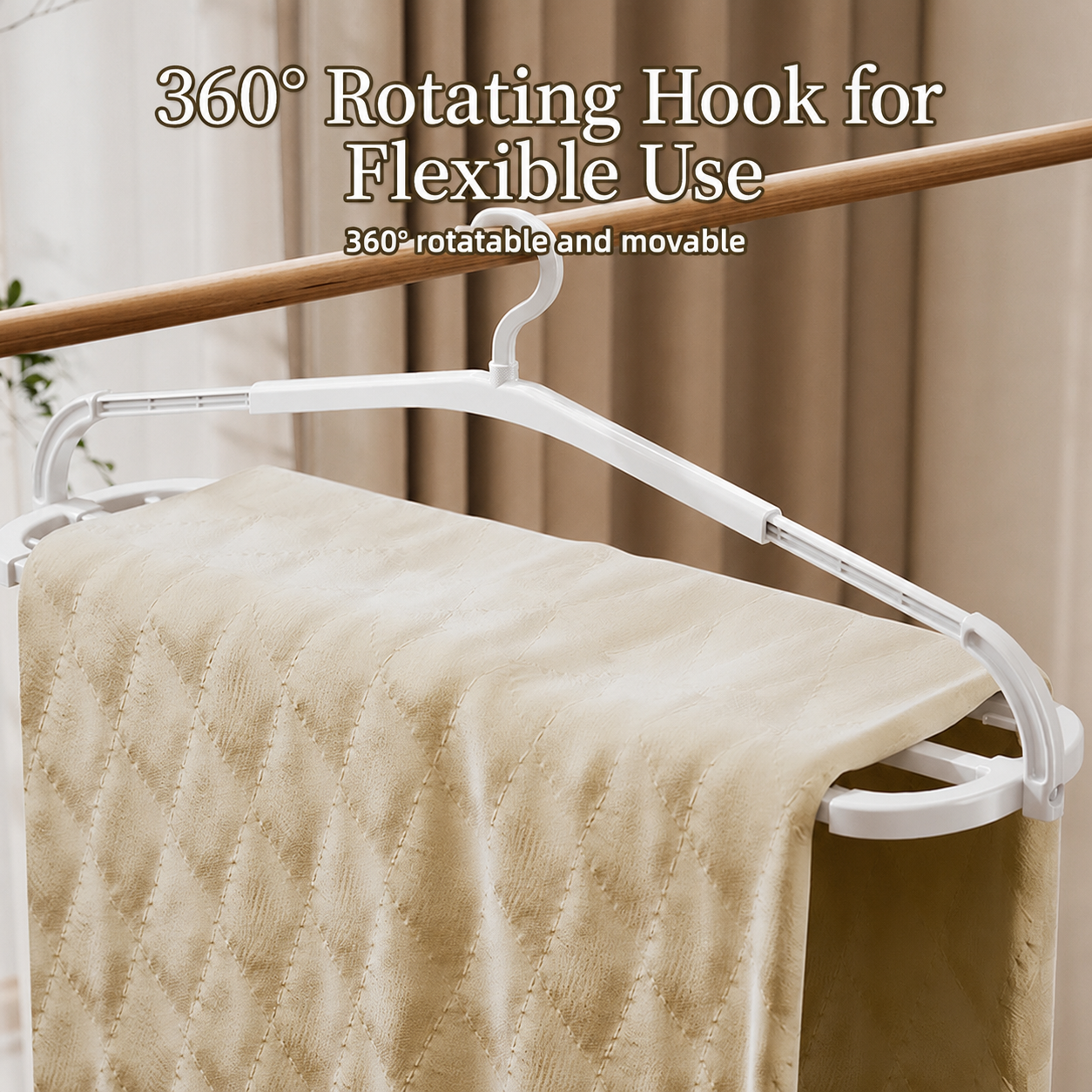 Extendable Blanket Drying Hanger Pack of 2 | Retractable Wide-Shoulder Rack | 360° Swivel Hook | White
