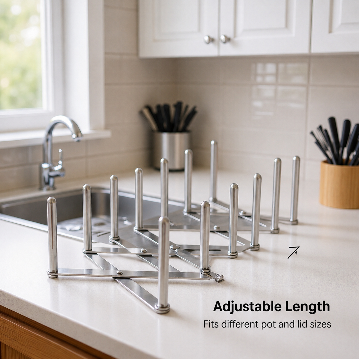 Adjustable Pot Lid Organiser | Expandable Stainless Steel Drawer Rack | Pan & Plate Holder