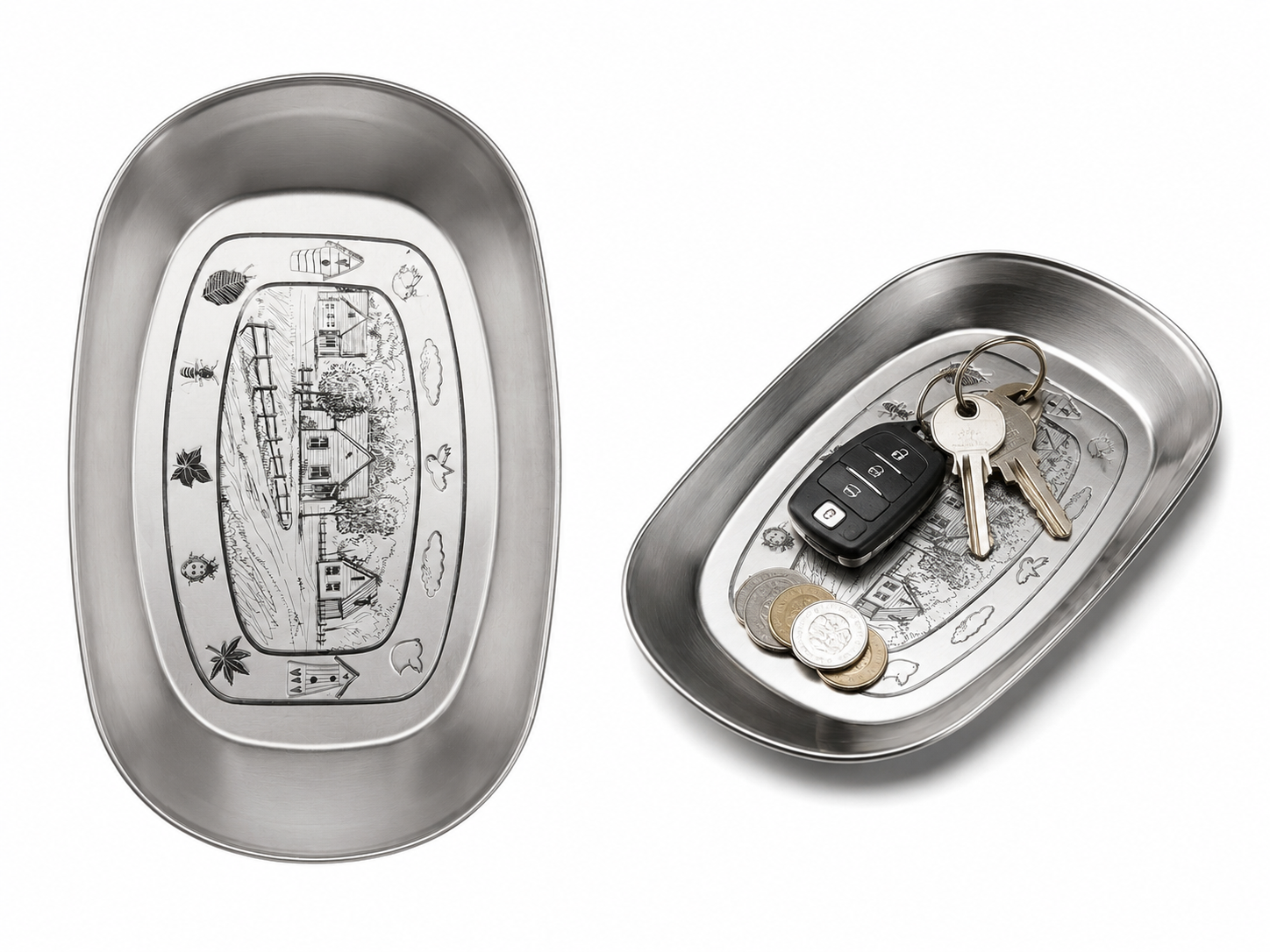 Steel Trinket Tray | Embossed Entryway Catch-All Dish | Keys, Coins & Jewellery Holder