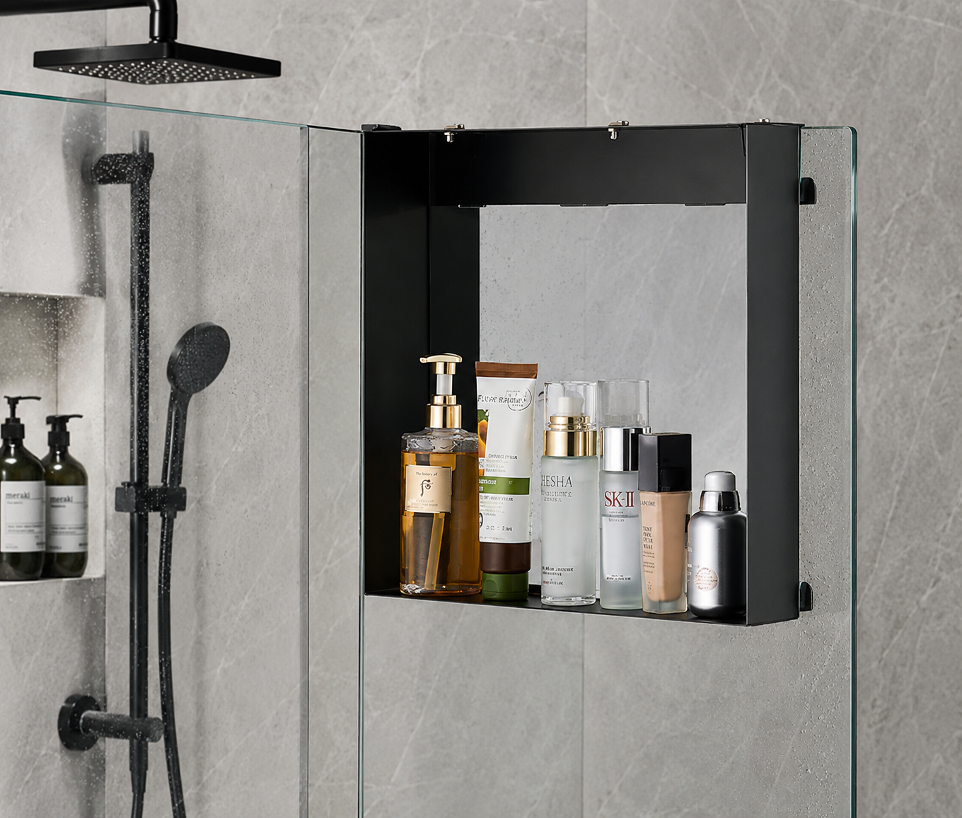 Over Shower Screen Caddy | Adjustable Clamp Steel Shelf | No Drilling | Matte Black 50cm