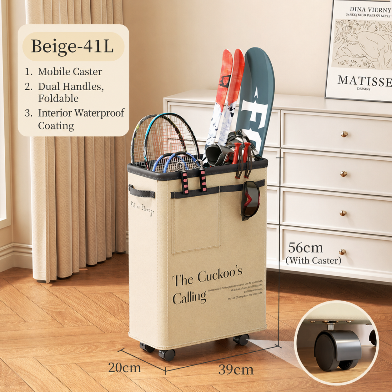 Slim Foldable Storage Bin with Wheels | 41L Large Capacity Organiser | Waterproof Lining | Beige