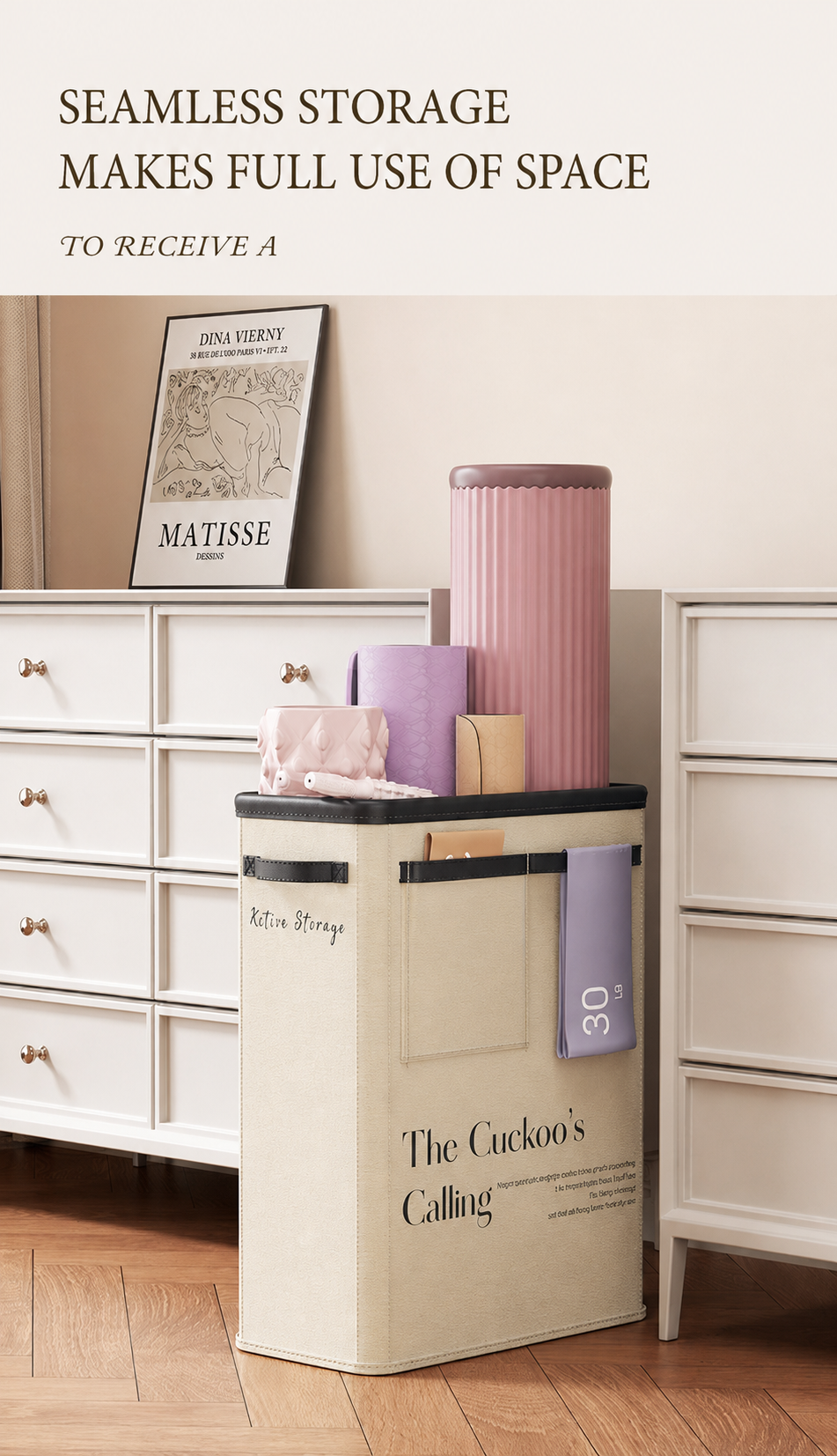 Slim Foldable Storage Bin with Wheels | 41L Large Capacity Organiser | Waterproof Lining | Beige