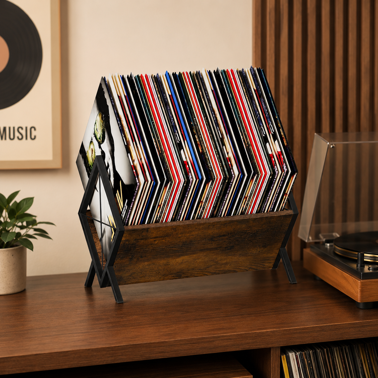 Vinyl Record Storage Holder | Industrial Wood & Iron Frame Stand | Holds 50+ Albums | Rustic Brown.