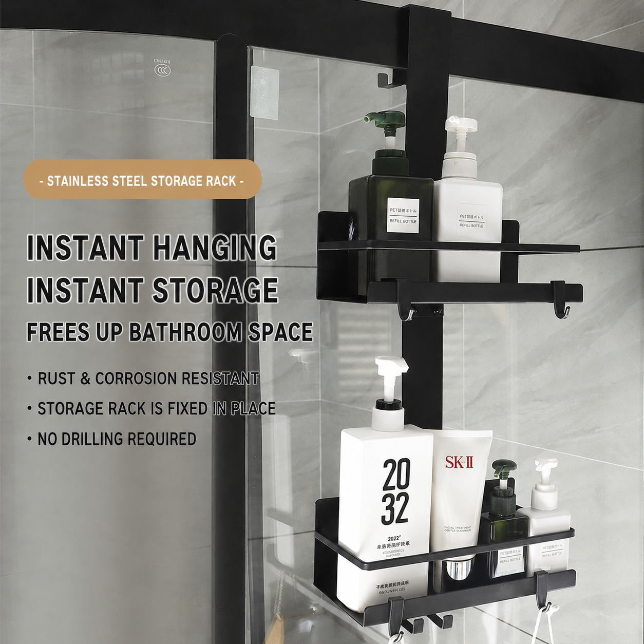 Over Glass Door Shower Caddy | 2-Tier Stainless Steel Bathroom Shelf | No Drilling | Matte Black.
