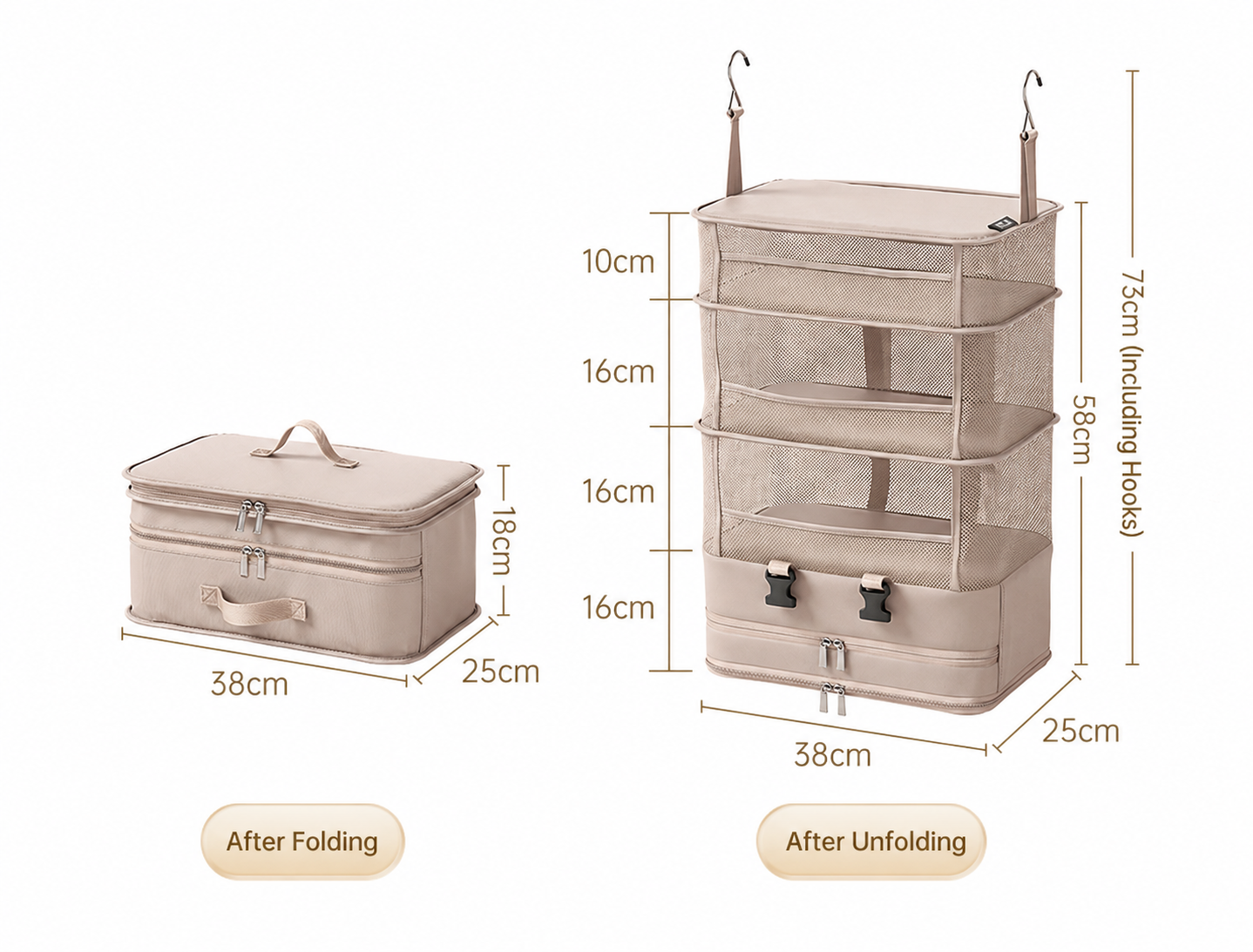 Foldable Hanging Travel Wardrobe Organiser | 4-Tier Mesh Shelves with Zippered Base Bag | Beige