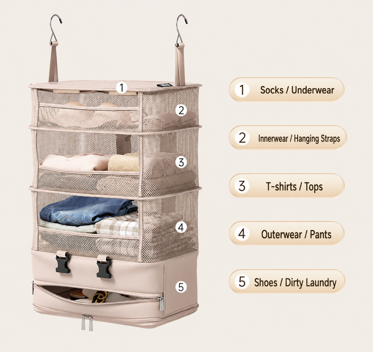 Foldable Hanging Travel Wardrobe Organiser | 4-Tier Mesh Shelves with Zippered Base Bag | Beige