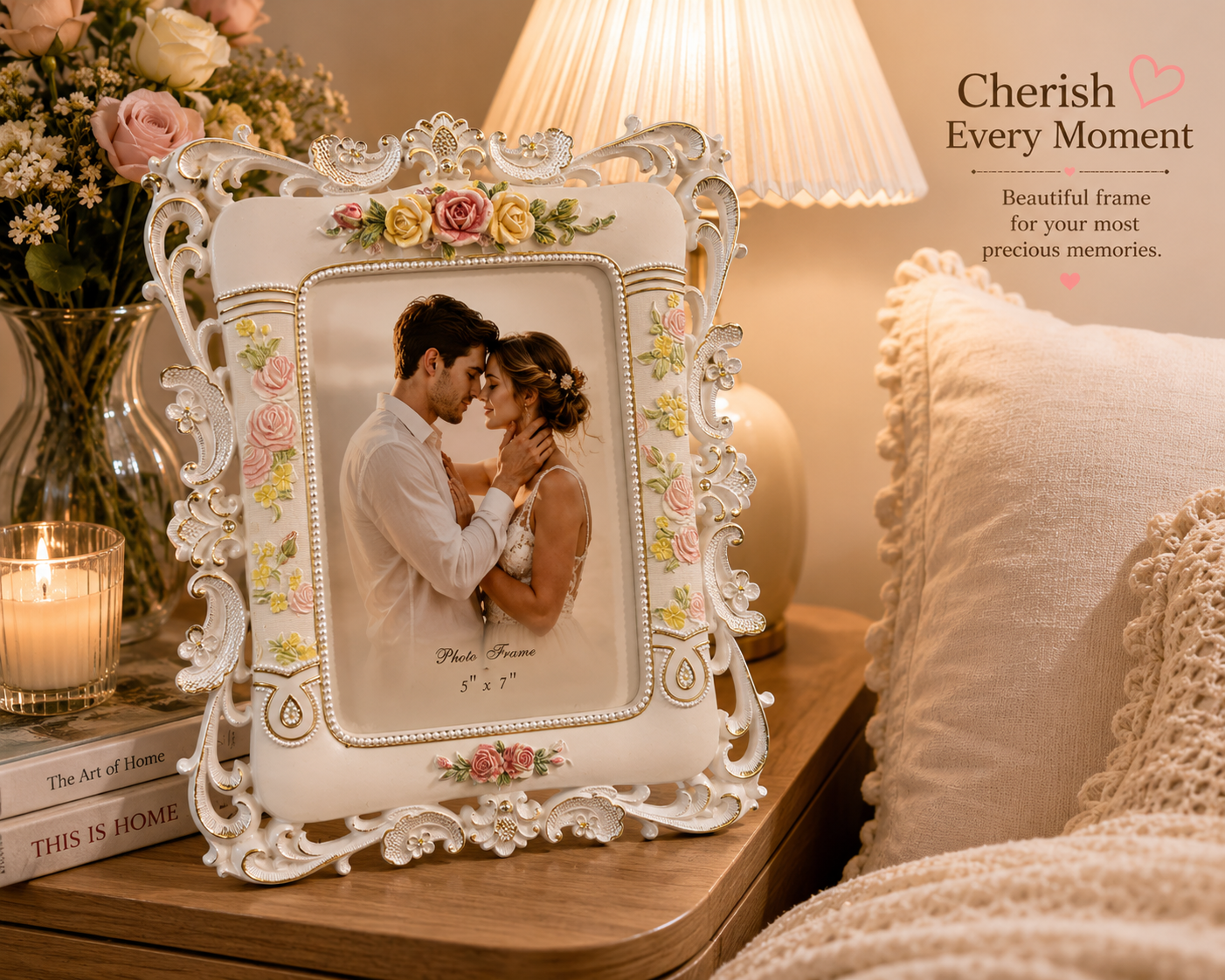 Vintage Floral Photo Frame | Ornate Rose & Pearl Picture Frame | 4×6 & 5×7 | Ivory, Rose Gold & White Gold