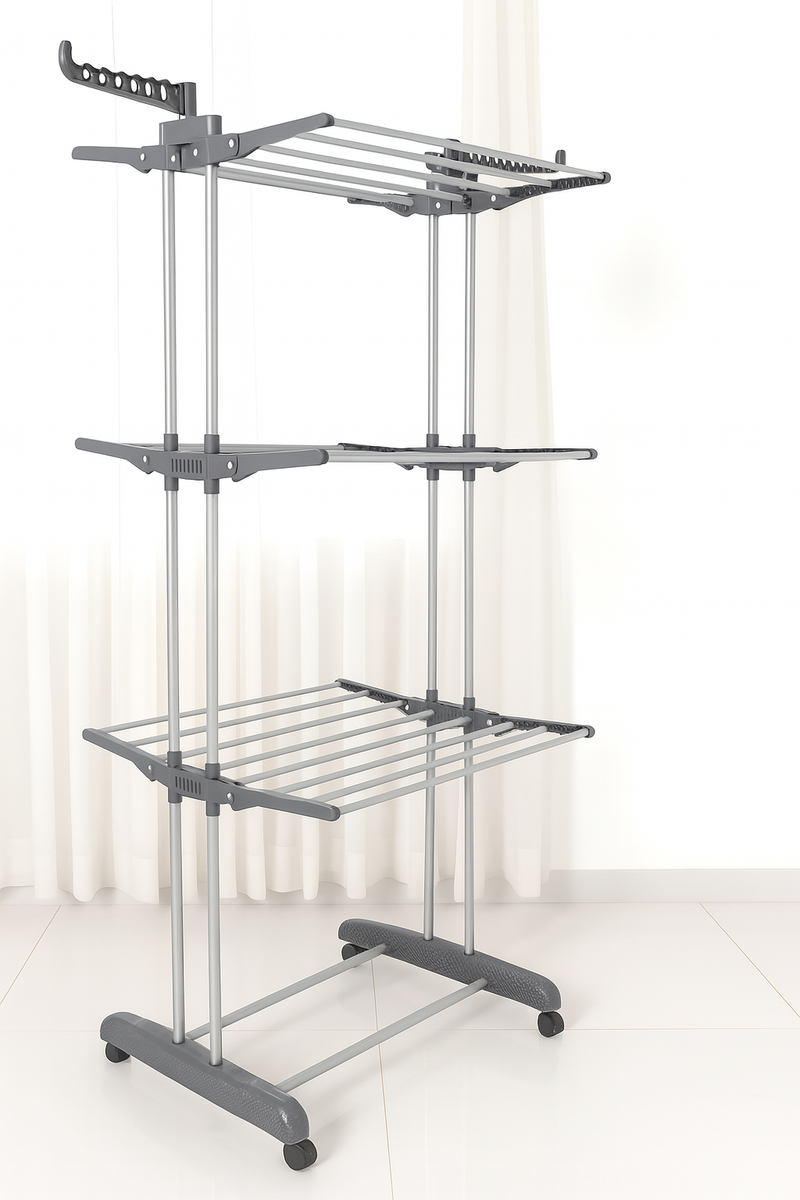 3 Tier Foldable Clothes Laundry Drying Rack with Wheels | J&J Home