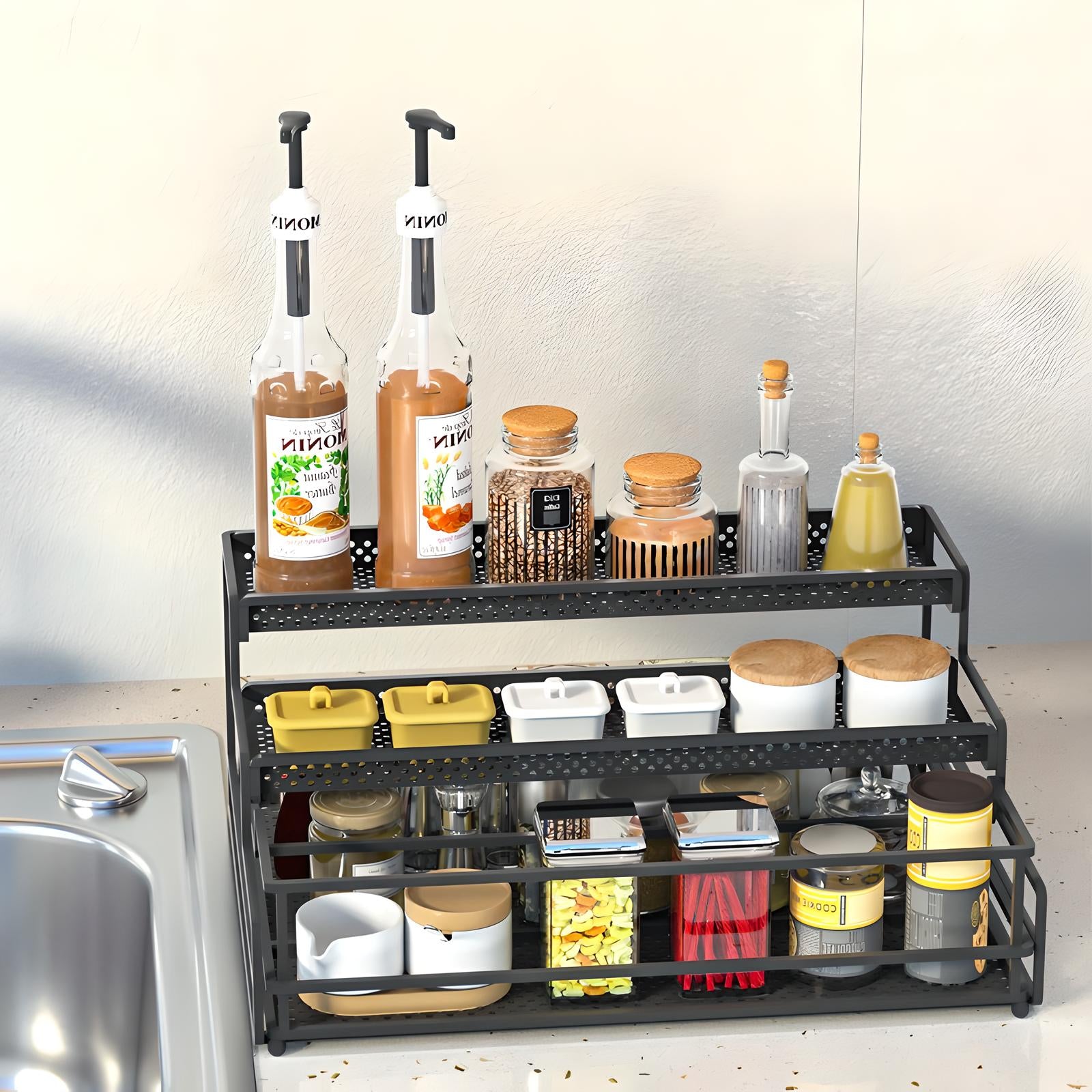 3-Tier Metal Spice Rack Organizer – Space-Saving Kitchen Storage