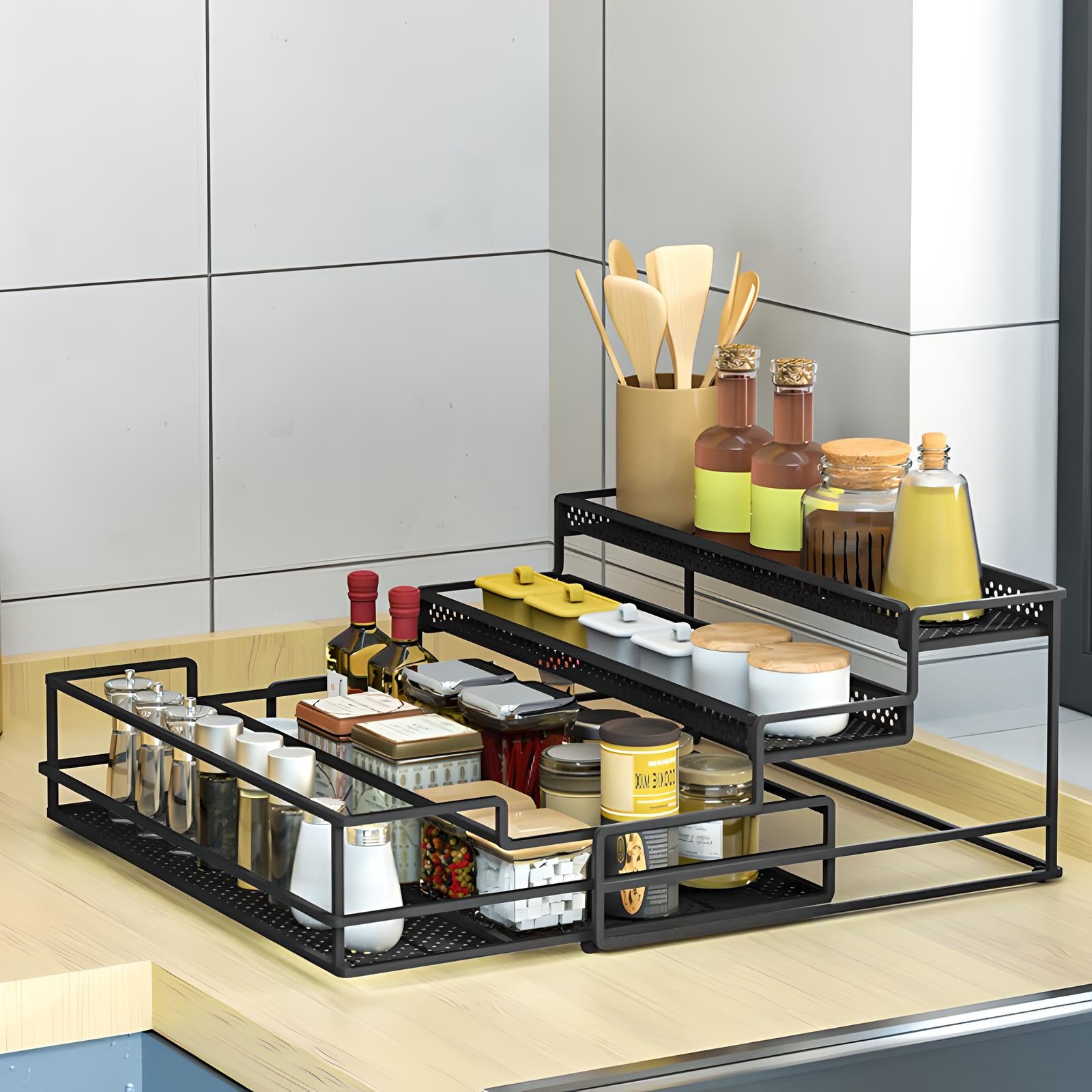 3-Tier Metal Spice Rack Organizer – Space-Saving Kitchen Storage