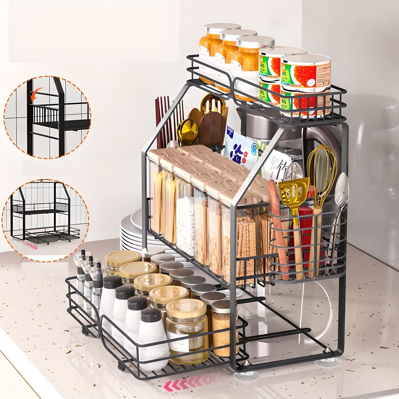 3-Tier Metal Spice Rack – Kitchen Countertop & Cabinet Organizer with Side Baskets 🏡✨