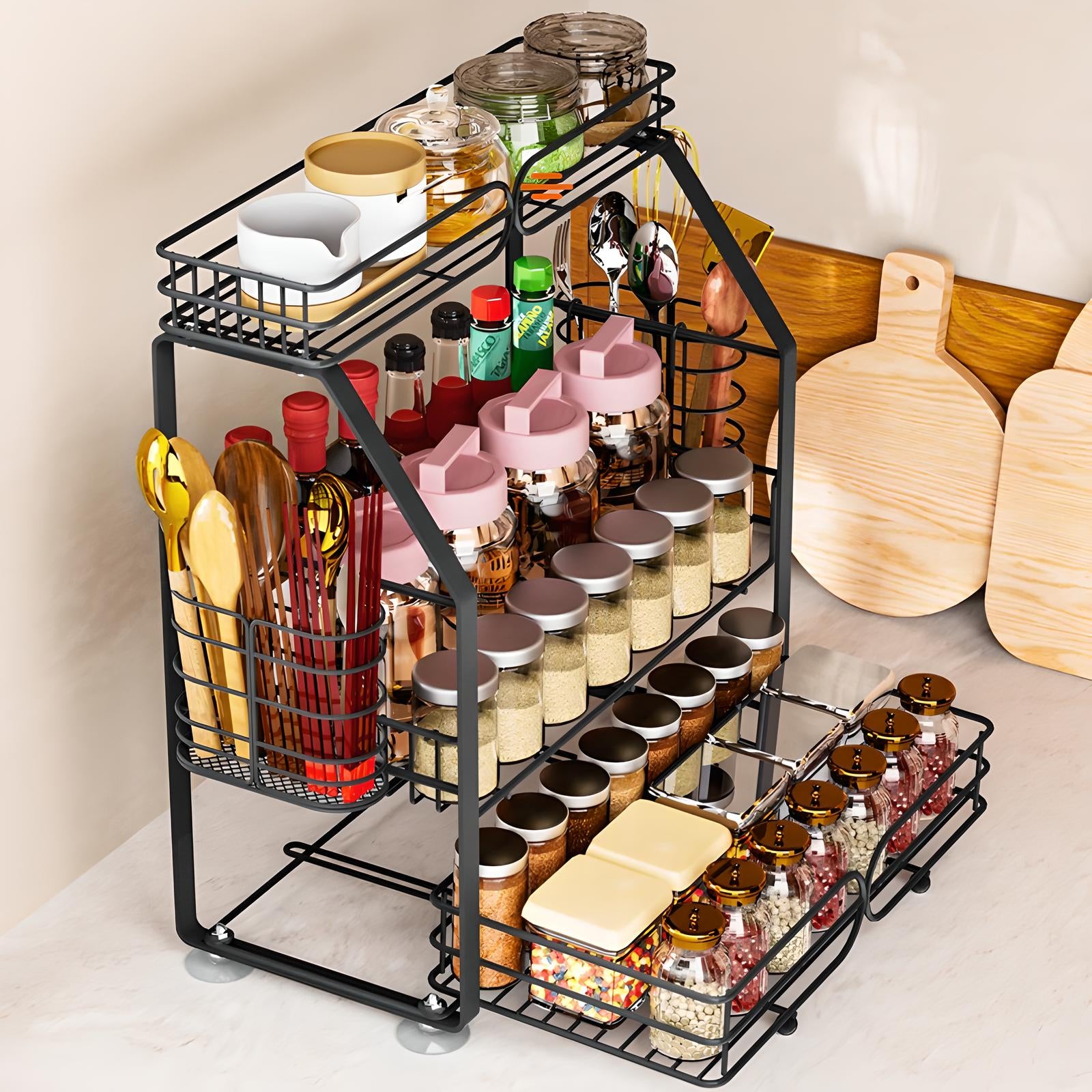 3-Tier Metal Spice Rack – Kitchen Countertop & Cabinet Organizer with Side Baskets 🏡✨