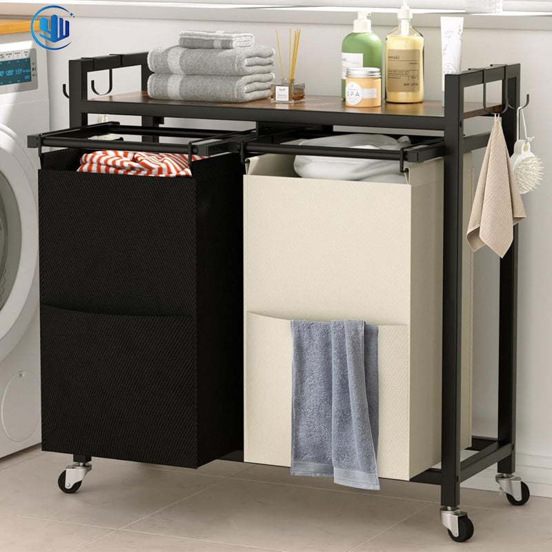 Rolling 2-Section Laundry Hamper with Removable Bags & Storage Shelf – Black Frame