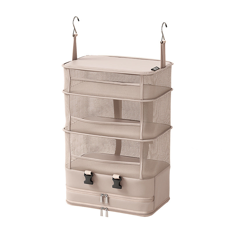 Foldable Hanging Travel Wardrobe Organiser | 4-Tier Mesh Shelves with Zippered Base Bag | Beige