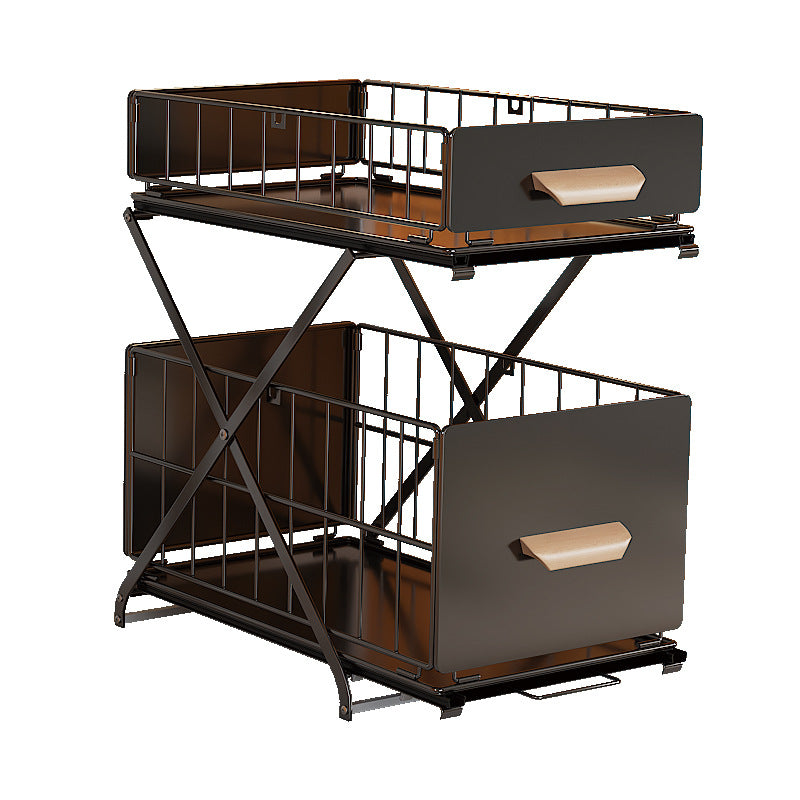Dual-Tiered Black Metal Storage Organizer with Sliding Drawers.