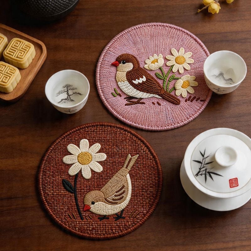 Woven-Look Bird & Floral Coasters | Round Heat-Resistant Placemats | Classic Asian Design | Set of 4