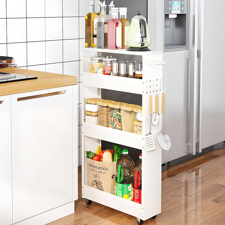 Slim Rolling Kitchen Storage Rack with Hooks