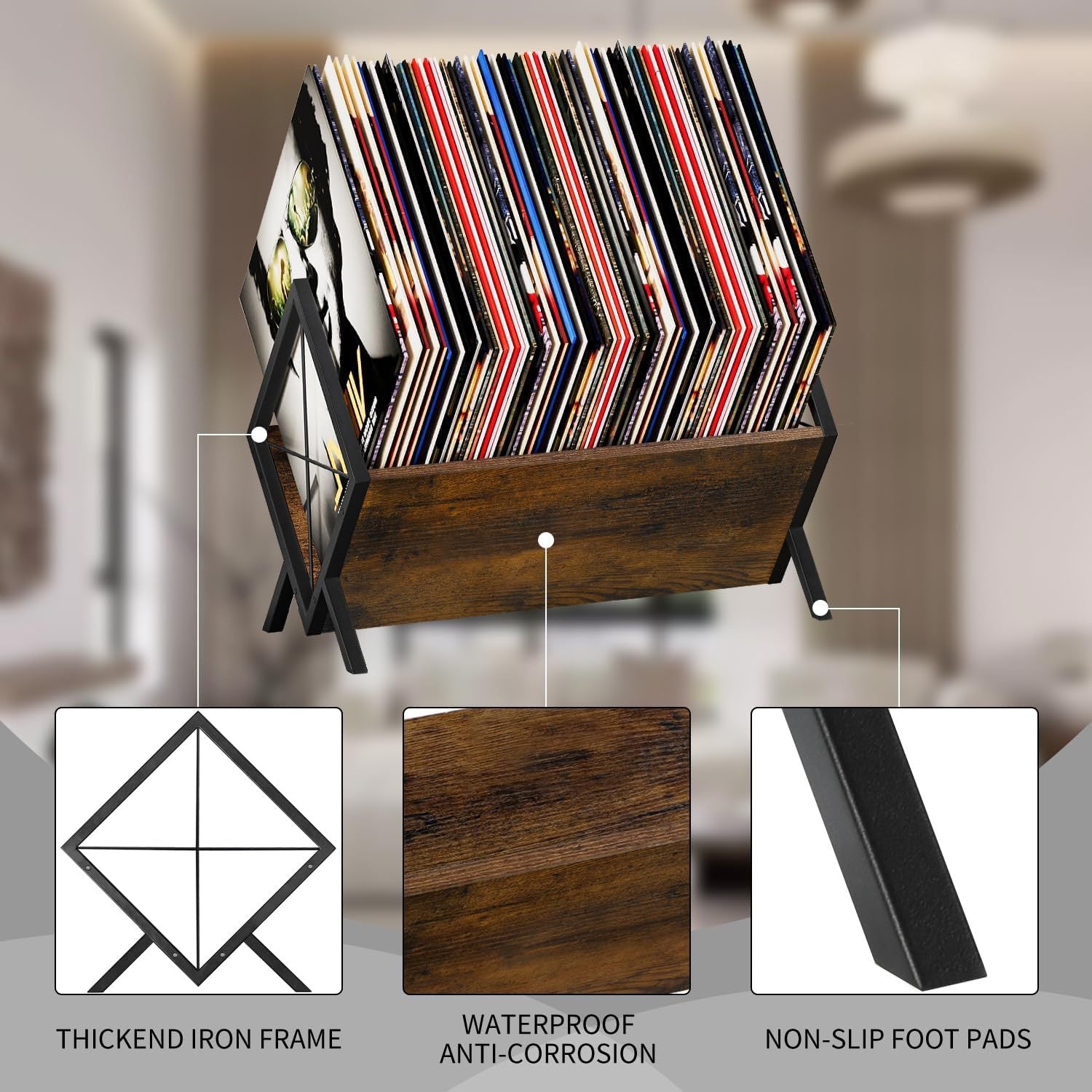 Vinyl Record Storage Holder | Industrial Wood & Iron Frame Stand | Holds 50+ Albums | Rustic Brown.