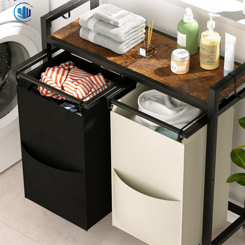 Rolling 2-Section Laundry Hamper with Removable Bags & Storage Shelf – Black Frame