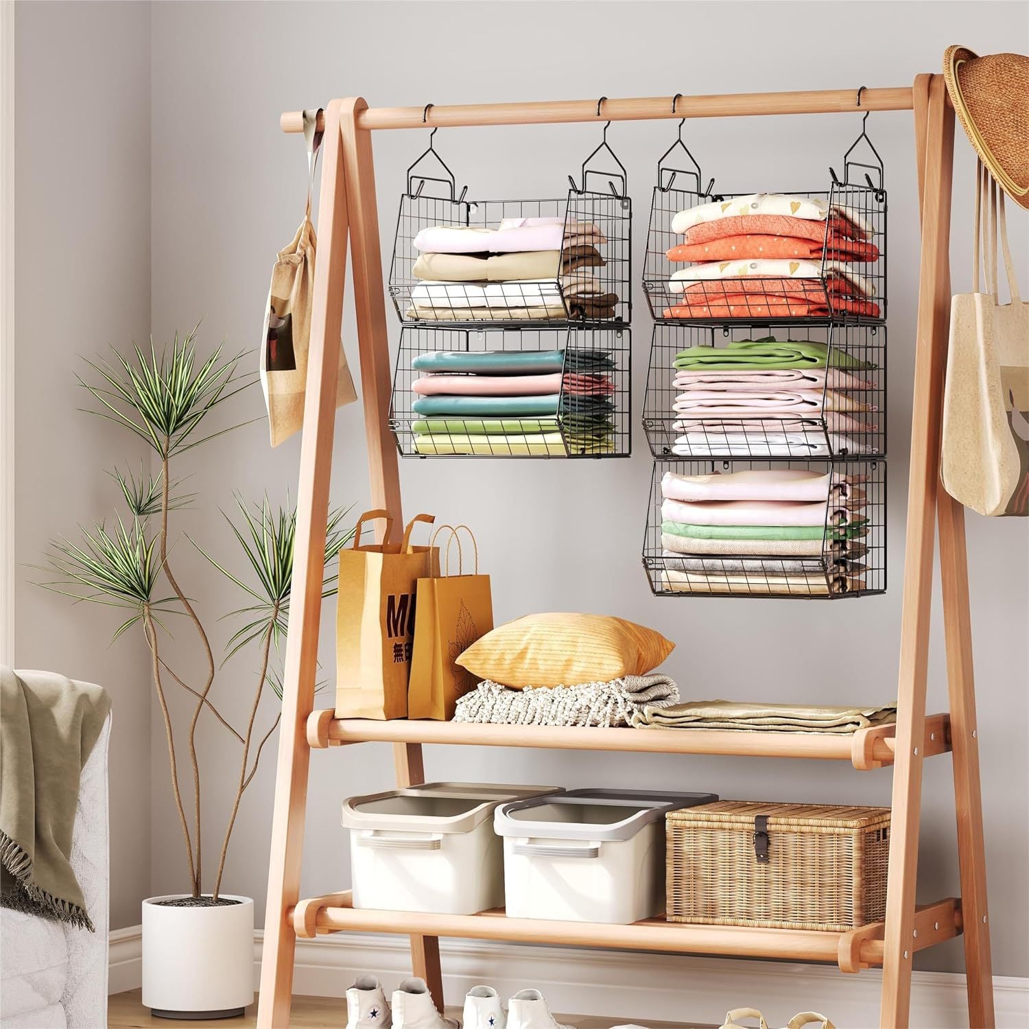 Black Hanging Wire Basket Organizer – Stackable Over-Rod Storage for Wardrobe & Laundry