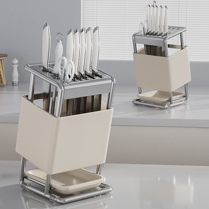 Stainless Steel Knife Holder with Drain Tray – Rust-Resistant Kitchen Organizer for Knives, Scissors