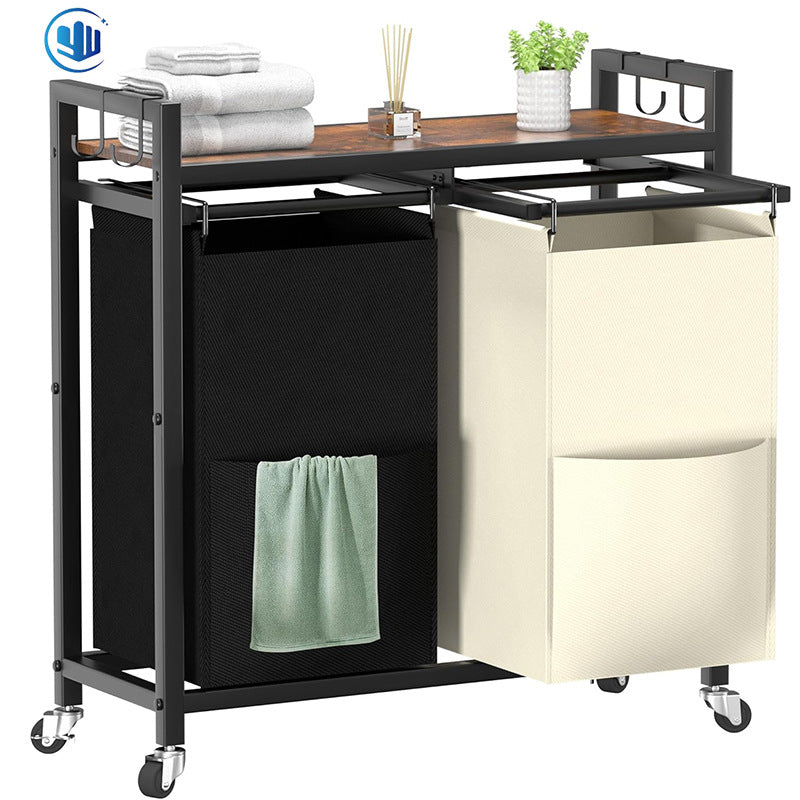 Rolling 2-Section Laundry Hamper with Removable Bags & Storage Shelf – Black Frame