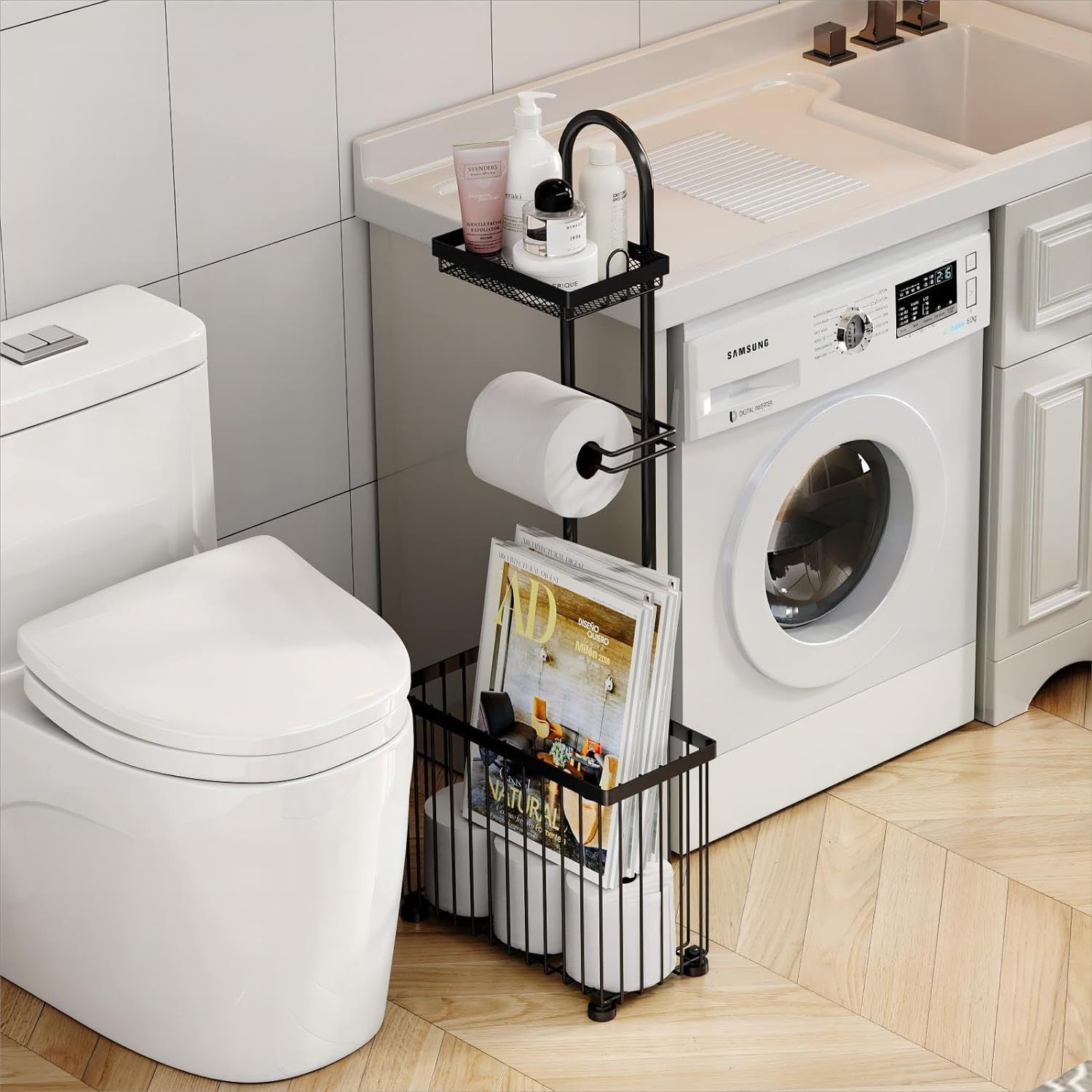 Matte Black Toilet Paper Holder with Basket & Shelf – Freestanding Bathroom Stand