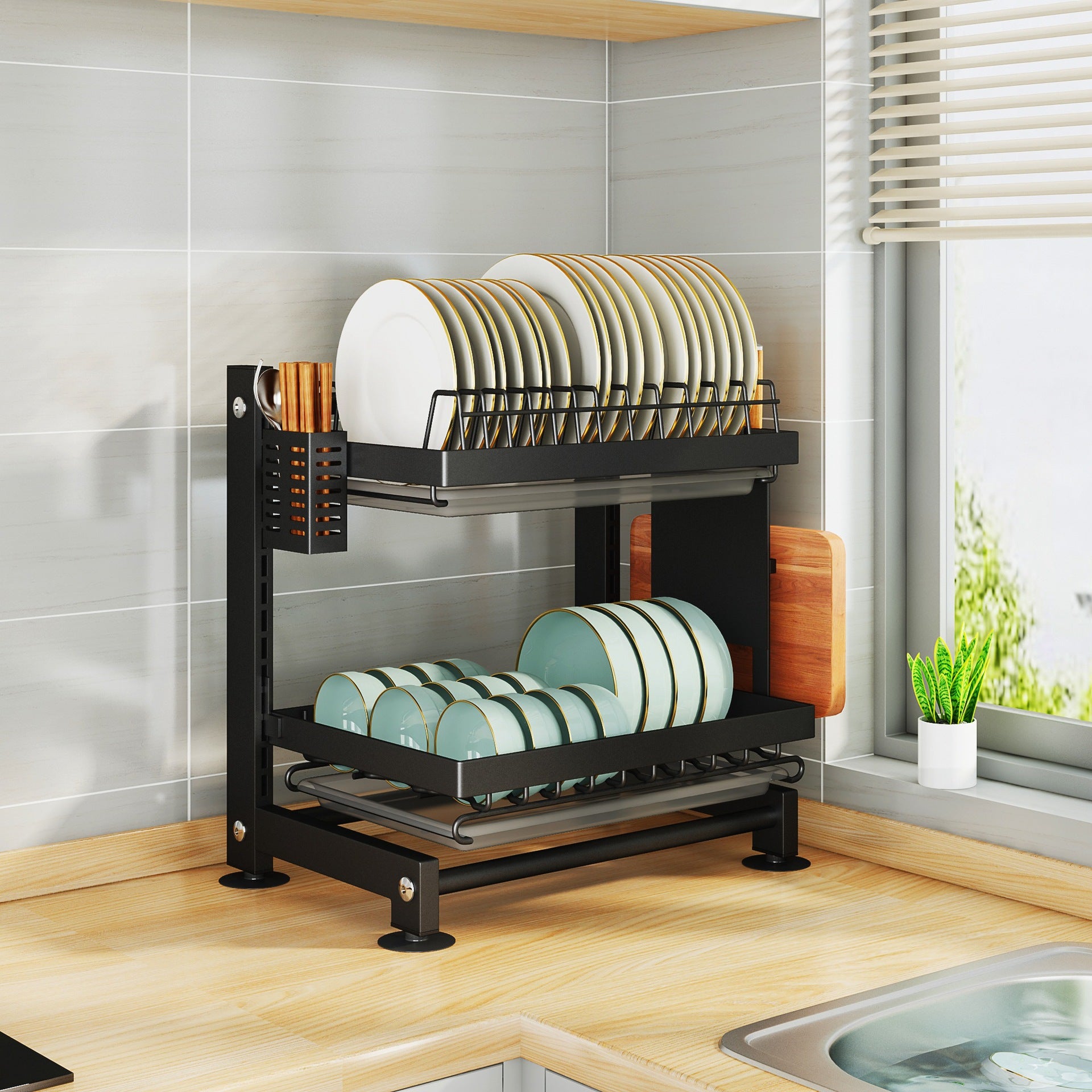 Space-Saver Multi-Tier Kitchen Dish Rack.