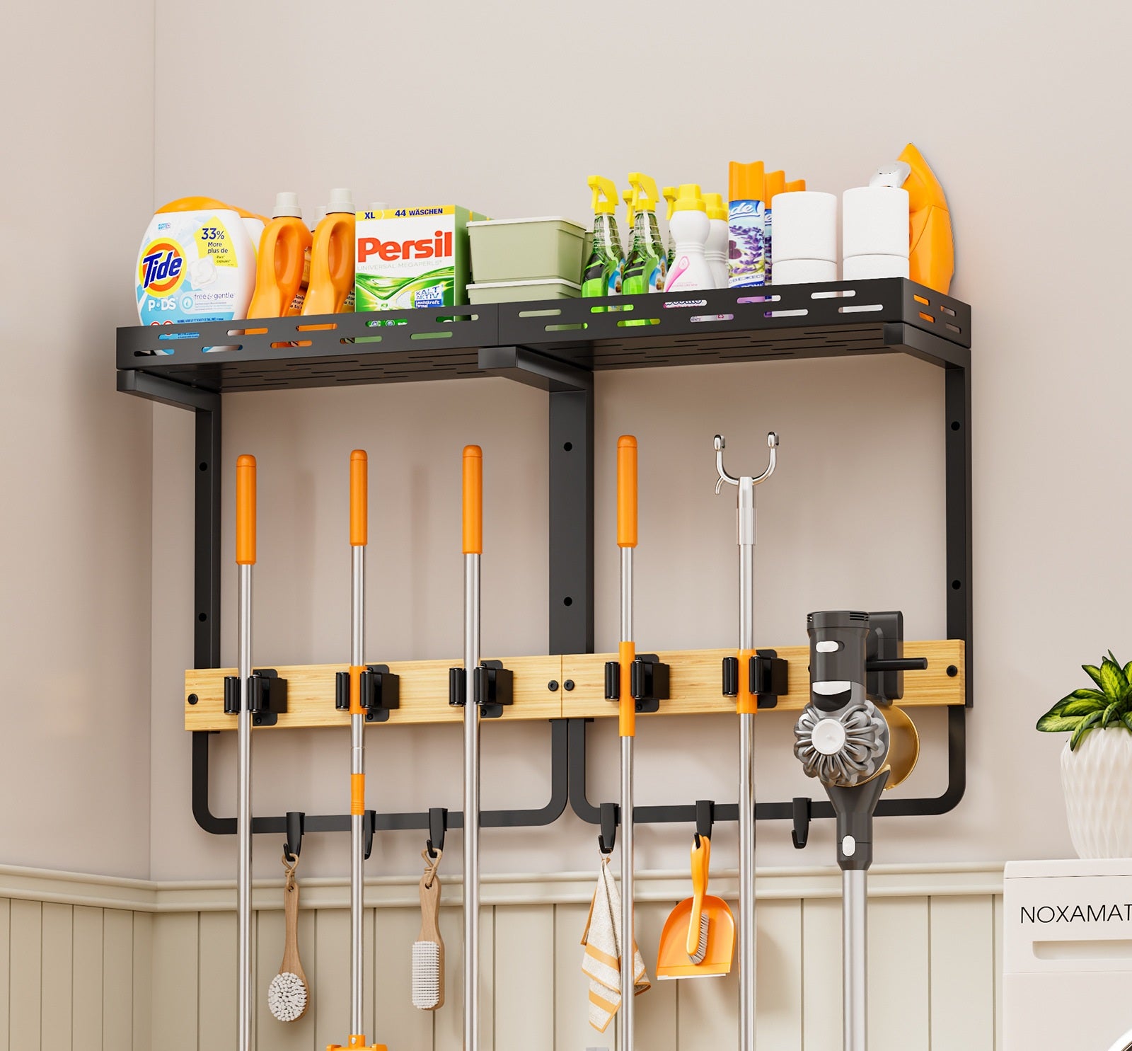 Wall-Mounted Broom & Mop Holder with Shelf