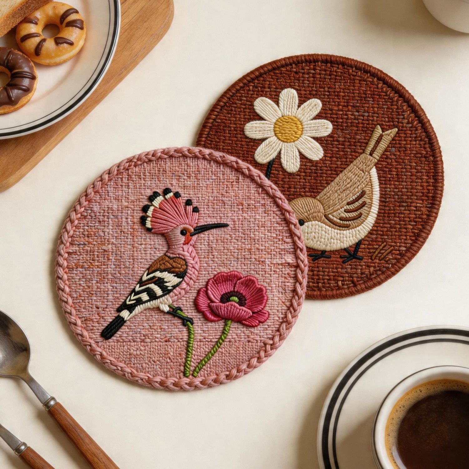 Woven-Look Bird & Floral Coasters | Round Heat-Resistant Placemats | Classic Asian Design | Set of 4