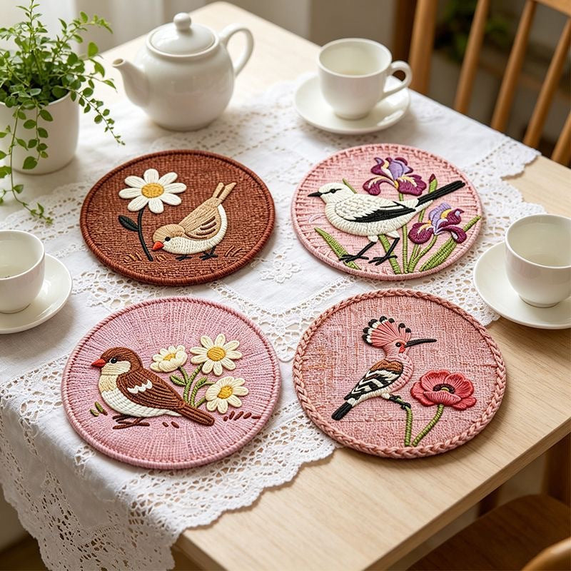 Woven-Look Bird & Floral Coasters | Round Heat-Resistant Placemats | Classic Asian Design | Set of 4