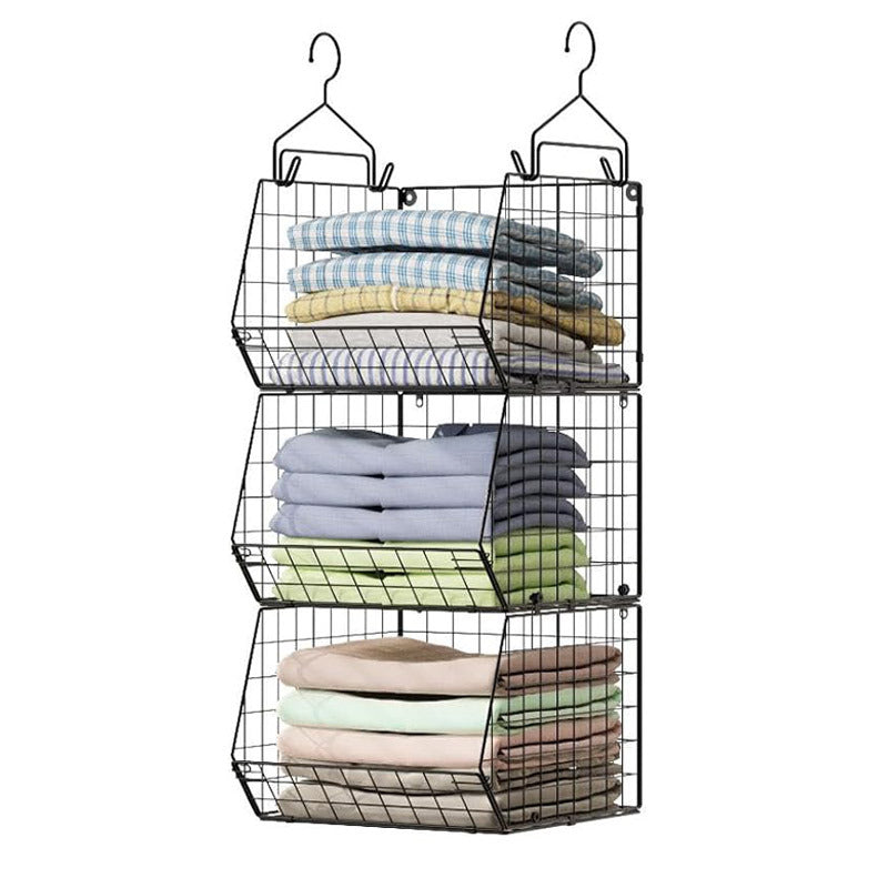 Black Hanging Wire Basket Organizer – Stackable Over-Rod Storage for Wardrobe & Laundry