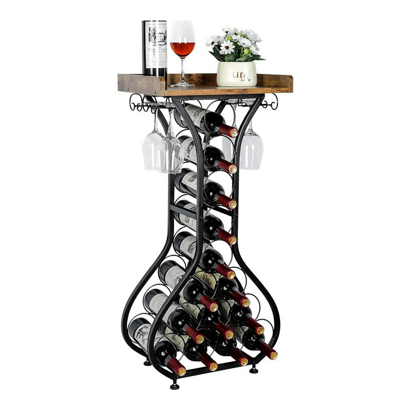 14 Bottle Freestanding Wine Rack with Glass Holder & Rustic Wood Top – Industrial Black Metal