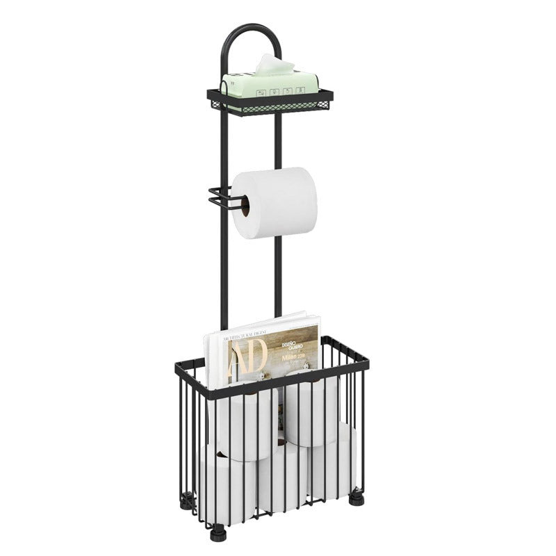 Matte Black Toilet Paper Holder with Basket & Shelf – Freestanding Bathroom Stand