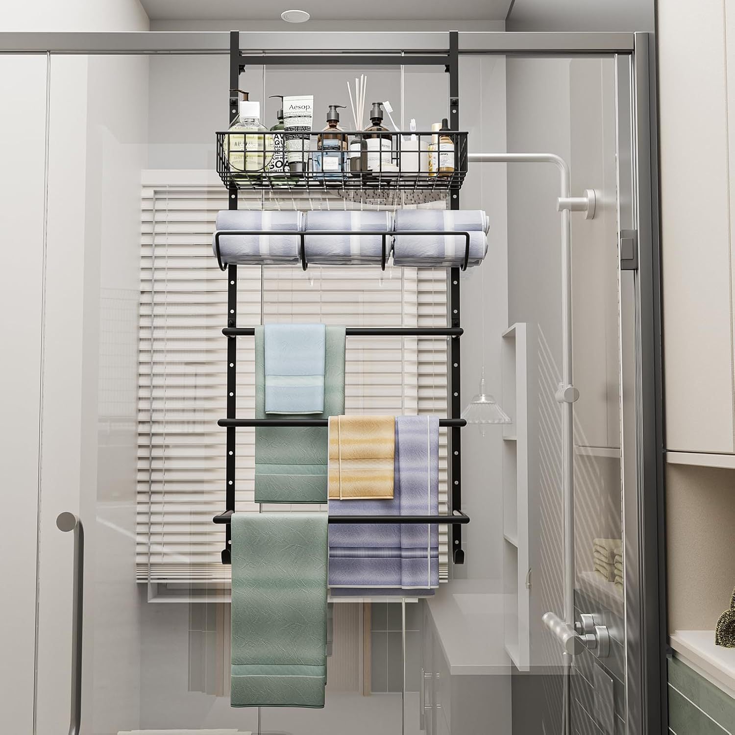 Over Door & Shower Screen Towel Rack – Space-Saving 4-Bar Organizer with Storage Basket
